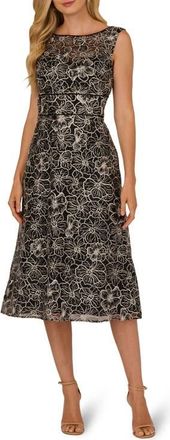 Adrianna Papell Floral Embroidery Cocktail Midi Dress in Black/Ivory at Nordstrom, Size 14