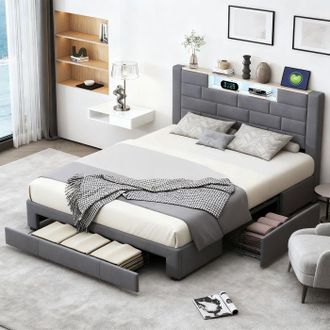 OEM Cama 160x200 Cm De Terciopelo Gris Con Led De 7 Colores, 3 Cajones, Puertos Usb/type-c, Somier De Lamas