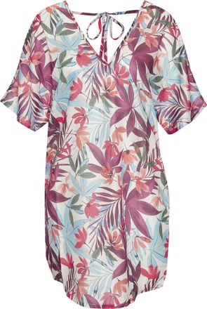 Lascana Chiffontunika LASCANA, Damen, Gr. 38, blau (sand bedruckt), Chiffon, Obermaterial: 100% Polyester, bedruckt, figurumspielend Mini, V-Ausschnitt, Tunik