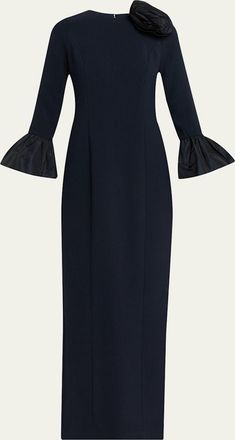Teri Jon Taffeta-Trim Crepe Column Gown