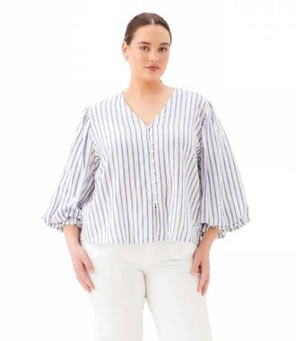 Karen Kane Stripe Layered Sleeve Shirred Blouse - Plus In Off White With Blue