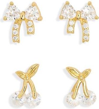Nordstrom Rack 2-Pack Cherry Bow Stud Earrings in Clear- Gold at Nordstrom Rack