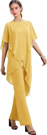 Generic Yellow 2 Piece Chiffon Mother of The Bride Pant Suits Formal Wedding Guest Outfit Women Dressy Trousers Set Plus Size 20