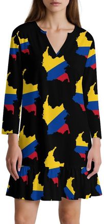 Generic Colombian Flag Map Womens Casual Dress Long Sleeve Mini Dresses V Neck Ruffle