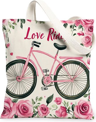 Generic Floral Bike Canvas Tote Bags, Vintage Flower Print Reusable Grocery Bags, Spring Elegant Bohemian Lightweight Washable Shoulder Strap Canvas for Trave