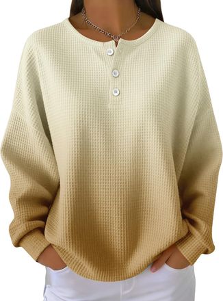 Generic Womens Waffle Gradient Pullover - Long Sleeved Round Neck Casual Sportswear (UK, Alpha, M, Regular, Regular, Gradient Color5)