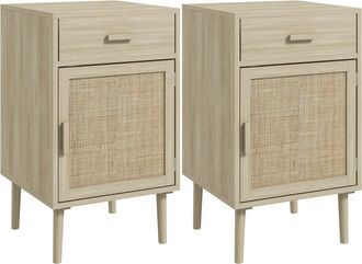 HOMCOM Bedside Tables Set Of 2 With Drawer Cabinet Adjustable Shelf Natural | TJ Hughes