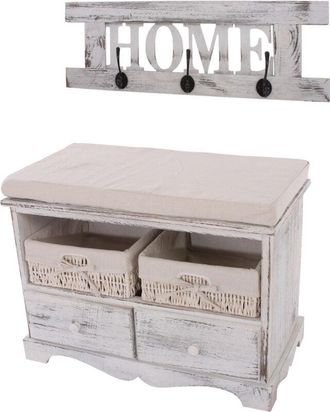 Hhg Panca cassettiera shabby vintage con attaccapanni 42x62x33cm home legno di paulonia bianco