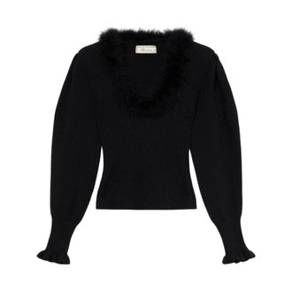 Blumarine Maglia in lana con scollatura profilata in pelliccia - - Knitwear - Donna - Nero - L