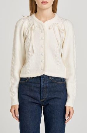 Wayf x Sara Walker Jackie Velvet Bow Cable Stitch Cardigan in Cream at Nordstrom Rack, Size X-Large