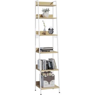Woltu Woltu - Escalera Estanter&iacute;a Blanca De Estilo Industrial Estanter&iacute;a Almacenaje De Madera Y Metal Con 4 Ganchos Extra&iacute;bles Librer&iacute;a De 6 Niveles Para Sa
