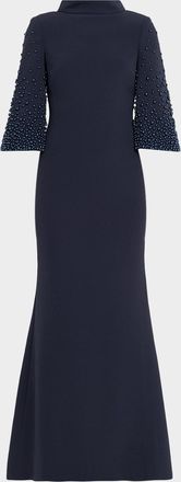 Badgley Mischka Beaded Funnel-Neck Crepe Trumpet Gown