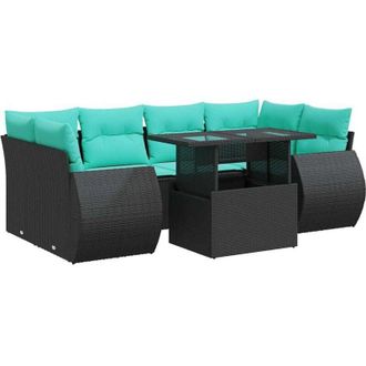 vidaXL 7 Piece Garden Sofa Set with Cushions Black Poly Rattan Acacia vidaXL