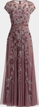 Mac Duggal Beaded Mesh Cap-Sleeve Gown