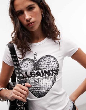 AllSaints Relfect Stevie - T-shirt bianca a maniche corte con stampa del logo sul retro-Bianco