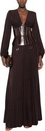 Elisabetta Franchi Satin Finish Round Neck Dress - Dames - Avondkleed - Bruin - M - Satijn - Kleedjes