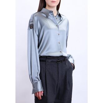Brunello Cucinelli Womens Grey Blue Satin Button-Up Shirt, Size L