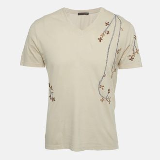 Roberto Cavalli Beige Floral Embroidered Jersey V-Neck T-Shirt