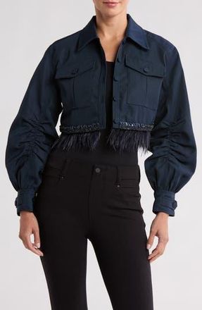 Cinq &agrave; Sept Suvi Beaded Feather Hem Crop Jacket in Navy at Nordstrom Rack, Size Xx-Small