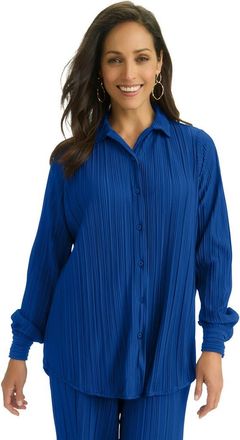 Jessica London Plisse Button-Front Blouse in Dark Sapphire at Nordstrom, Size 12
