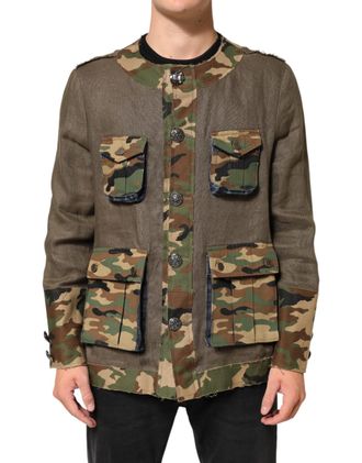 Dolce & Gabbana Mens Brown Camouflage Linen Button Down Jacket Co+02+li Clothing