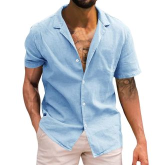 Generic Mens Linen Shirts UK - Mens Button Down Grandad Shirt Short Sleeved Plain Summer T Shirts Mens Hippie Shirts V-Neck T-Shirts for Men Lightweight Holid