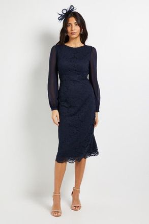 Wallis Lace Chiffon Cowl Back Pencil Dress in Navy at Nordstrom, Size 10