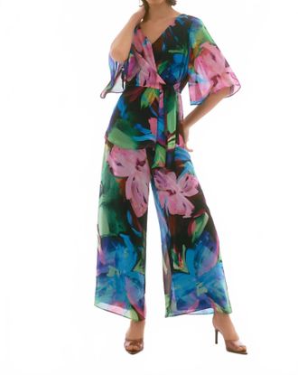 Joseph Ribkoff Floral Chiffon Peplum Top In Black/multi