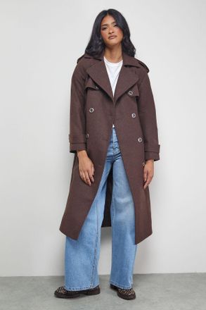 Warehouse Womens Wool Mix Belted Trench Coat - Chocolate - Size 10 UK