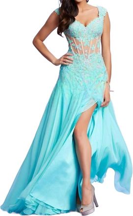 Mac Duggal Lace Gown In Aqua/nude