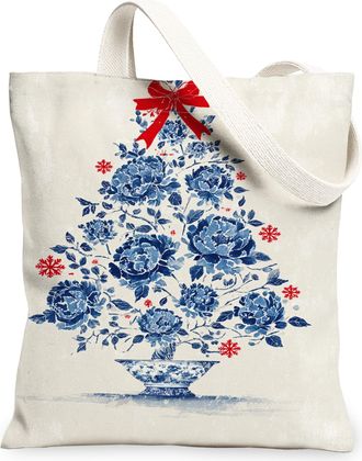 Generic Christmas Floral Canvas Tote Bag, Elegant Flower Design Reusable Grocery Bags, Vintage Artistic Lightweight Washable Should, Blue, 13x15 Inch
