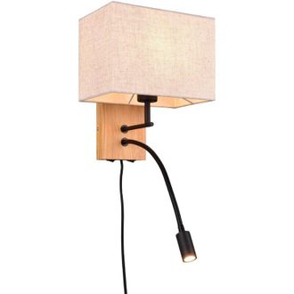 Trio Leuchten Nilam applique base legno naturale e metallo nero con lampada lettura e paralume rettangolare bianco L.25CM 2 LUCI-1 attacco E27- led 3,1W 310lm