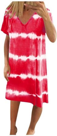Generic Black Dress Womens Casual Striped Tie-Dye Print Dress V Neck Loose T-Shirt Dress(S-3XL) Midi Dress (Red, XXXL)