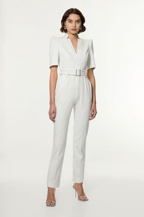Karen Millen Petite Crepe Belted Jumpsuit in Ivory at Nordstrom, Size 10P