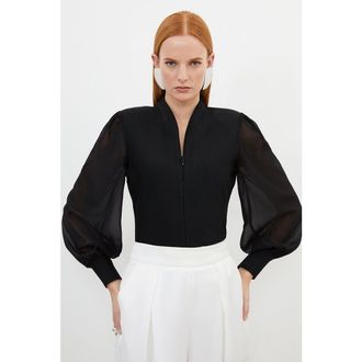 Karen Millen Zip Detail Chiffon Sleeve Knit Top in Black at Nordstrom, Size X-Small