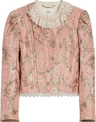 Chloé Lace Trim Taffeta Fitted Jacket in 6L6 Tan Rose at Nordstrom, Size 10 Us