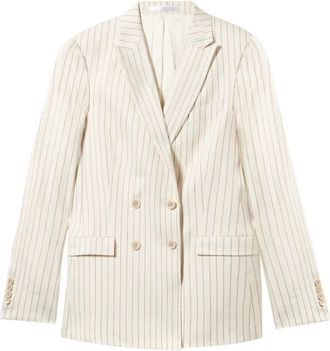 Brooks Brothers Pinstripe Linnen Blend Double-Breasted Blazer - Dames - Blazers - Wit - XS - Linnen - Jassen