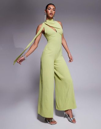 Asos cowl draped neck wide leg jumpsuit with tie detail in green