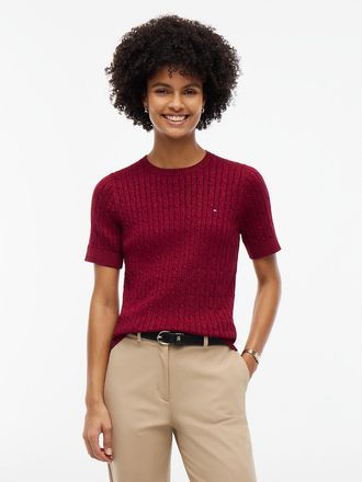 Tommy Hilfiger Womens Short-Sleeve Cable Knit Shimmer Sweater - Plum Glaze - XXL