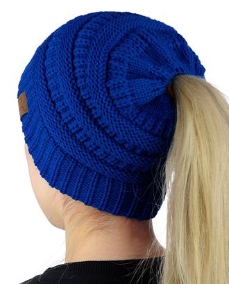 C.C BeanieTail Soft Stretch Cable Knit Messy High Bun Ponytail Beanie Hat, Royal, One Size