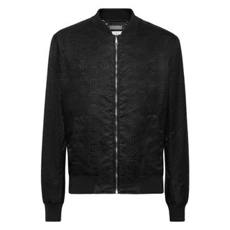 Philipp Plein Jassen, Heren, Zwart, L, Nylon, Nylon Bomber Jacquard Monogram