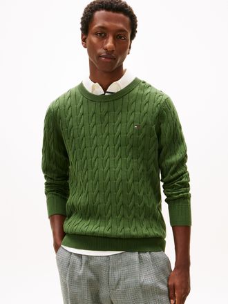 Tommy Hilfiger Strickpullover TOMMY HILFIGER CLASSIC CABLE CREW NECK mit Strukturstrick und Flaglabel, Herren, Gr. S, mountain pine, Obermaterial: 100% Baumwolle, Ru