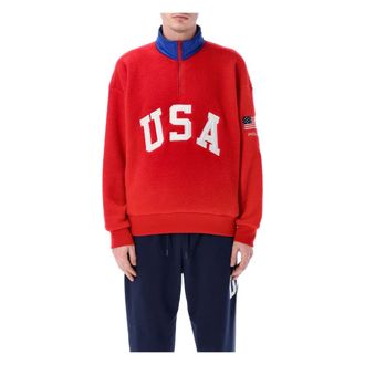 Polo Ralph Lauren Zip-throughs, male, Red, Size: XL Knit Half Zip Sweatshirt