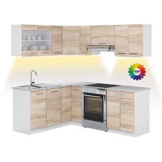 Vicco Cocina Esquinera Rick, Blanco/sonoma, 207 Cm, Et M&aacute;rmol Con Tira De Led