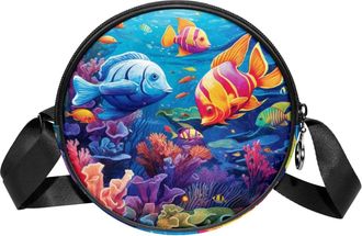 Generic Circle Crossbody Bag for Women, Colorful Tropical Fish Small Sling Bag Daypack with Zipper Adjustable Shoulder Straps Casual Ladies Girls Round Purse