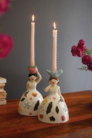 Kalalou Set Of Two Ceramic Girl Taper Candle Holders