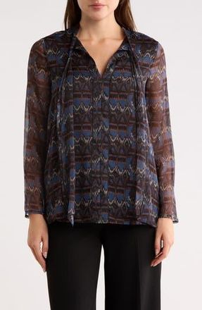 Longchamp Tie Neck Long Sleeve Silk Button-Up Shirt in Navy at Nordstrom Rack, Size 6 Us / 38 Fr