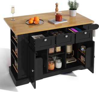 STILVORA Carro De Cocina Con 3 Cajones, 2 Puertas, Estantes Abiertos, Enchufe Y Toallero, Cocina, En Mdf, 132x40x87 Cm, Natural Y Negro