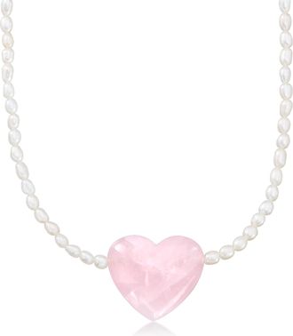 Ross-Simons 4-4.5mm Cultured Pearl and Rose Quartz Heart Necklace With 18kt Gold Over Sterling