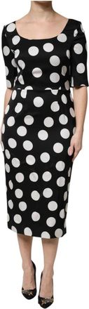 Dolce & Gabbana Midi Dresses, female, Black, Size: S Polka Dot Silk Sheath Midi Dress
